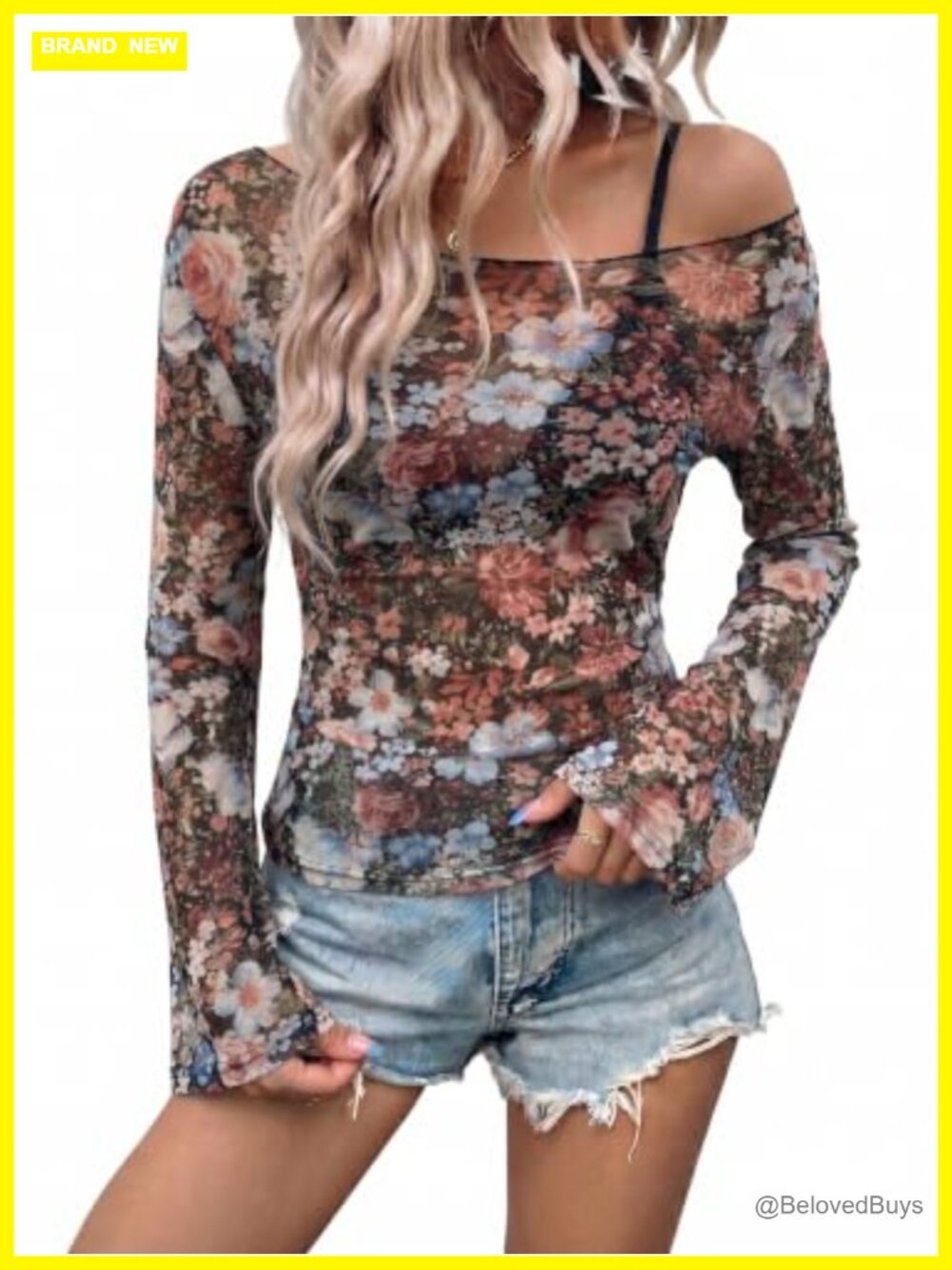 Sheer Mesh Flare Sleeve Ruched Waist Boat Neck Blouse